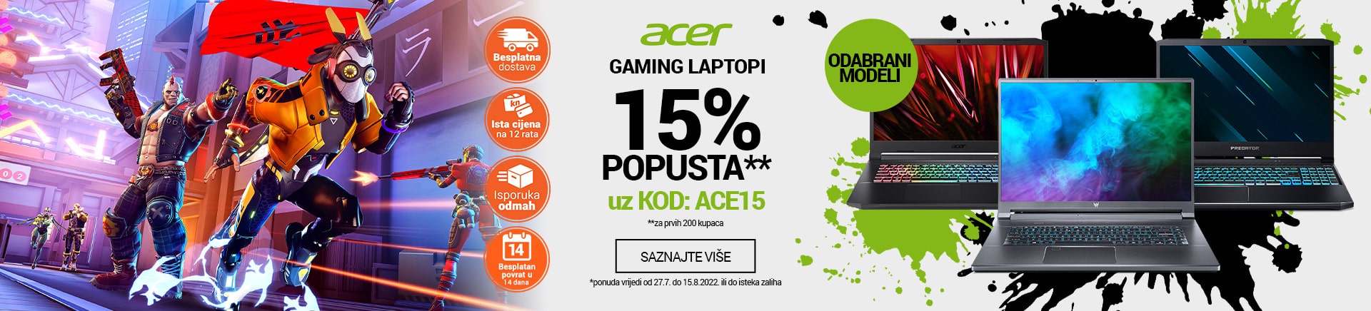 Acer gaming laptopi 15% popusta uz kod ACE15